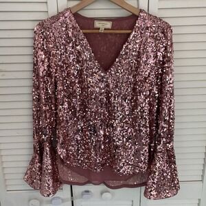 Moulinette Soeurs Anthropologie Rose‎ Gold Sequin Bell Sleeve Top Size 2 V-Neck